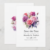 Save The Date Mariage floral rose et violet (Devant / Derrière)
