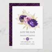 Save The Date Mariage floral rose et violet (Devant / Derrière)