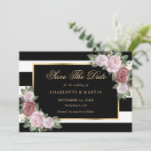 Save The Date Mariage floral rose noir bleu or (Debout devant)