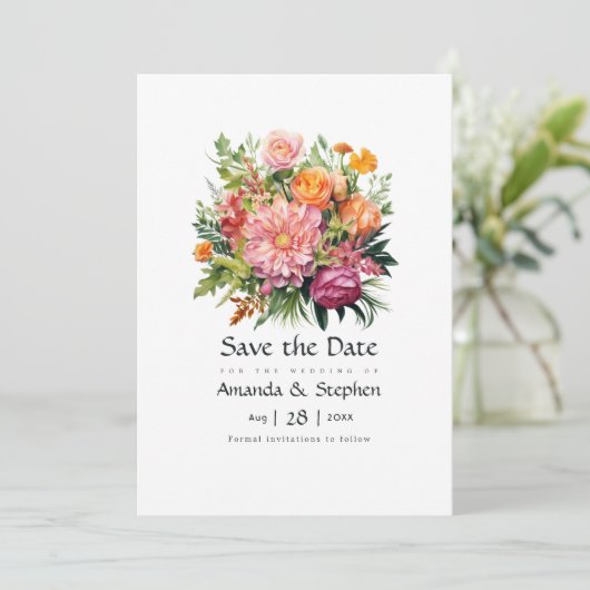 Save The Date Mariage floral rose, orange et vert (Debout devant)