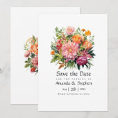 Save The Date Mariage floral rose, orange et vert (Devant / Derrière)