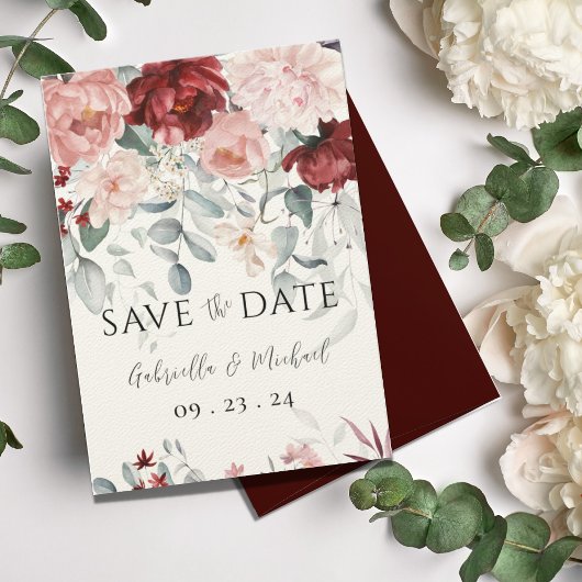 Save The Date Mariage Floral Rose Pâle de Bourgogne