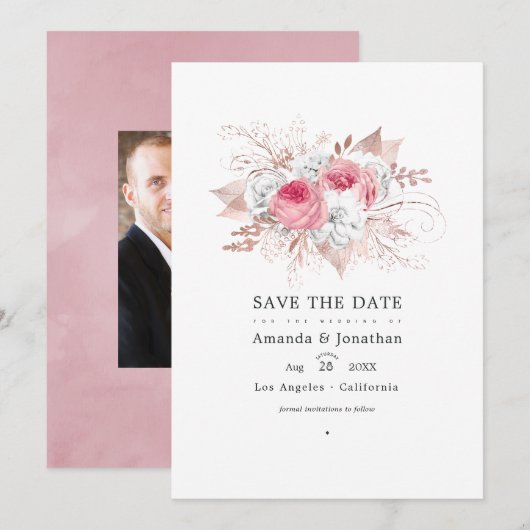 Save The Date Mariage Floral Rose Pâle et Or Rose (Devant / Derrière)