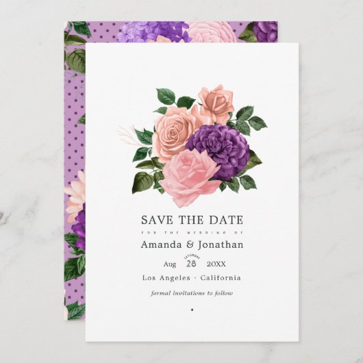 Save The Date Mariage Floral Rose Pêche et Lavande Violet (Devant / Derrière)