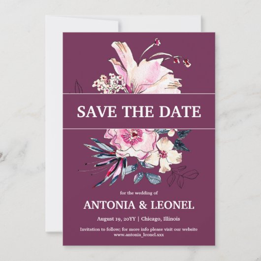 Save The Date Mariage floral rose Plum Enregistrer la date (Devant)