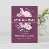 Save The Date Mariage floral rose Plum Enregistrer la date (Debout devant)