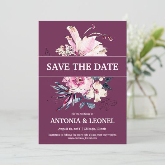 Save The Date Mariage floral rose Plum Enregistrer la date (Debout devant)