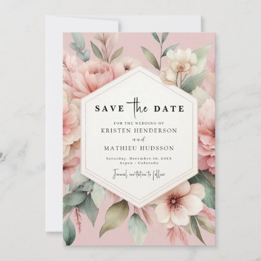 Save The Date Mariage floral rose rustique (Devant)
