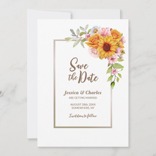 Save The Date Mariage floral rose tournesol (Devant)