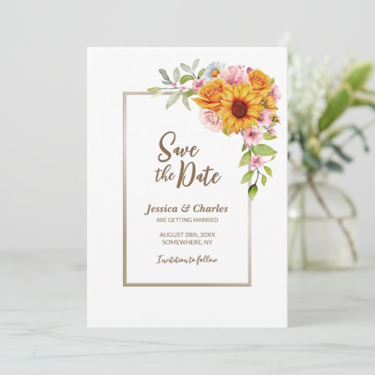 Save The Date Mariage floral rose tournesol (Debout devant)