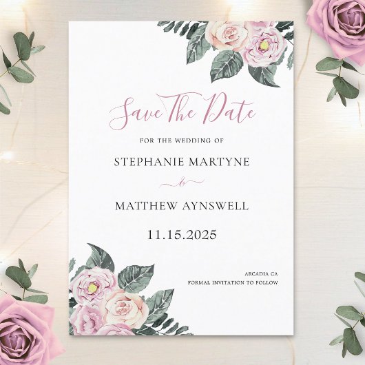 Save The Date Mariage Floral Roses Aquarelle Poudrées Rose Foncé