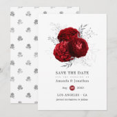 Save The Date Mariage floral rouge et argent (Devant / Derrière)