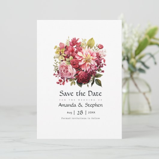 Save The Date Mariage floral rouge, rose et vert (Debout devant)