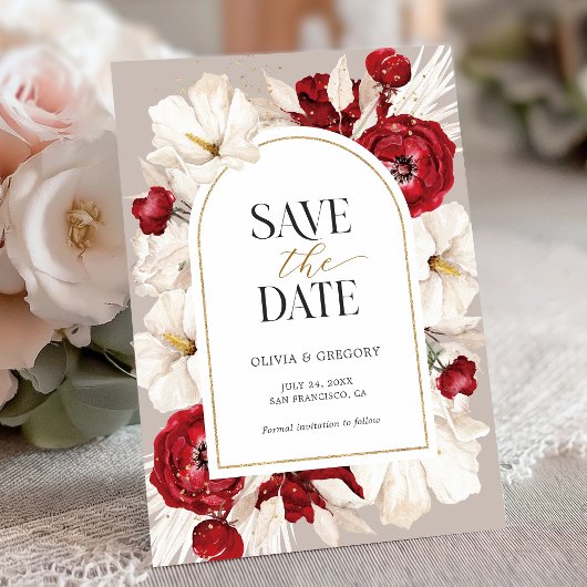 Save The Date Mariage floral rouge rubis et blanc