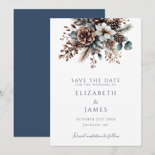 Save The Date Mariage Floral Rustique Bohème Moderne avec Cônes (Devant / Derrière)