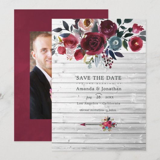 Save The Date Mariage Floral Rustique Boho Chic Bourgogne et Mar (Devant / Derrière)