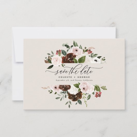Save The Date Mariage floral rustique bordeaux, rose, vert (Devant)