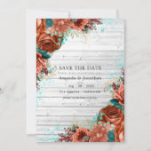 Save The Date Mariage Floral Rustique Campagnard Corail et Bleu  (Devant)