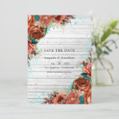 Save The Date Mariage Floral Rustique Campagnard Corail et Bleu  (Debout devant)