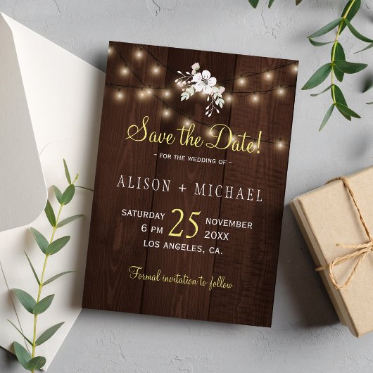 Save The Date Mariage Floral Rustique d'hiver | Lumières en bois