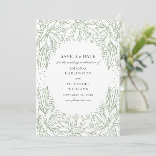 Save The Date Mariage floral rustique. Fleurs vertes (Debout devant)