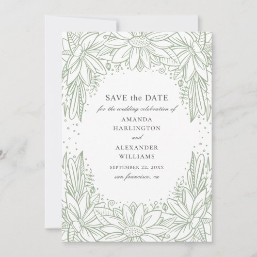 Save The Date Mariage floral rustique. Fleurs vertes campagnarde (Devant)