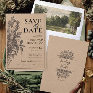 Save The Date Mariage Floral Rustique Kraft Bohème Monogramme