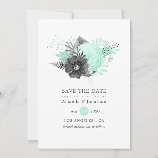 Save The Date Mariage Floral Rustique Noir et Menthe (Devant)