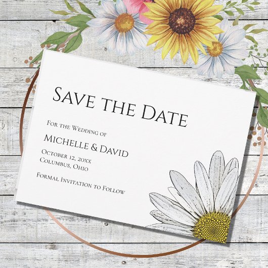 Save The Date Mariage floral simple marguerite noir blanc
