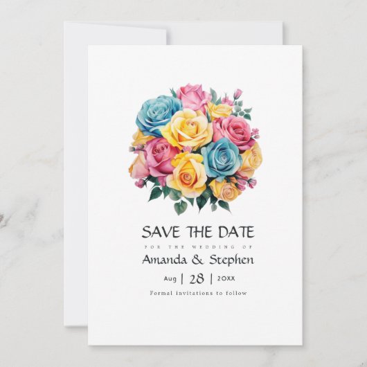 Save The Date Mariage floral turquoise, jaune et rose (Devant)