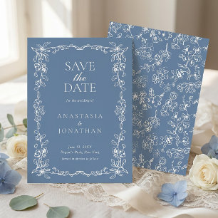 Save The Date Mariage Floral Vintage Bleu Poussiéreux Élégant
