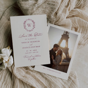 Save The Date Mariage Floral Vintage Monogramme Bordeaux