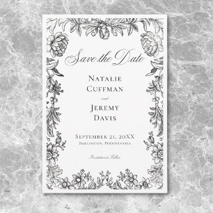 Save The Date Mariage Floral Vintage Tapisserie Noir & Blanc