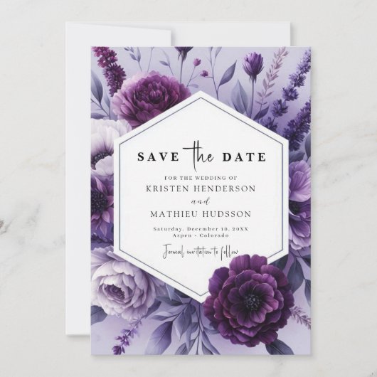Save The Date Mariage floral violet blanc modifiable (Devant)