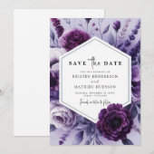 Save The Date Mariage floral violet blanc modifiable (Devant / Derrière)