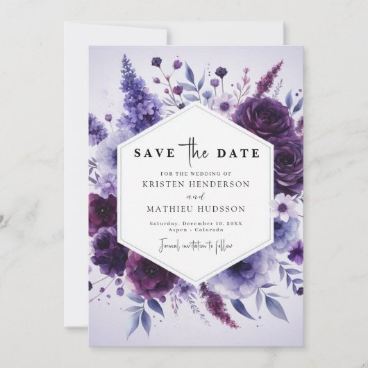 Save The Date Mariage floral violet de champ unique (Devant)