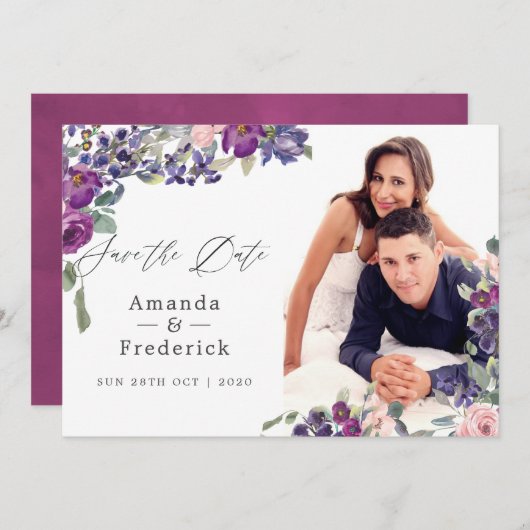 Save The Date Mariage Floral Violet et Prune (Devant / Derrière)