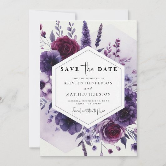 Save The Date Mariage floral violet minimal numérique (Devant)