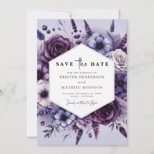 Save The Date Mariage floral violet numérique moderne (Devant)
