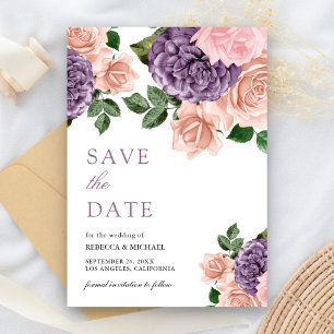 Save The Date Mariage floral violet rustique de la pêche Dusty