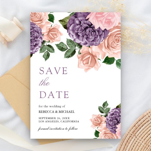 Save The Date Mariage floral violet rustique de la pêche Dusty