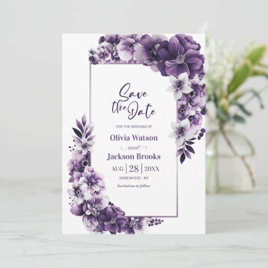 Save The Date Mariage floral violet rustique Enregistrer la date (Debout devant)