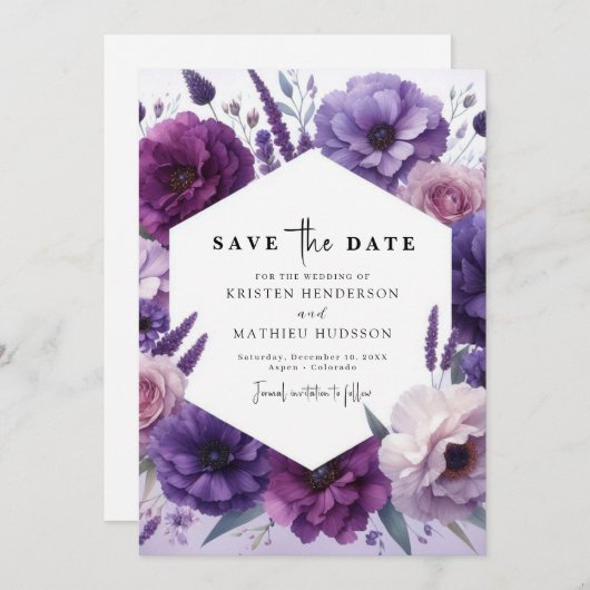 Save The Date Mariage floral violet simple en champ (Devant / Derrière)
