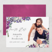 Save The Date Mariage Florale Violet et Prune (Devant / Derrière)