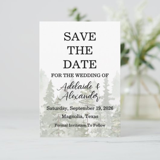 Save The Date Mariage forestier de bois vert (Debout devant)