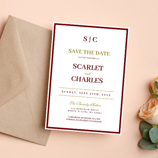 Save The Date Mariage Formel Classique avec Monogramme en Bourgo