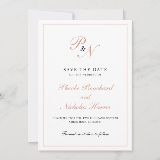 Save The Date Mariage Formel Élégant Monogramme Or Rose (Devant)