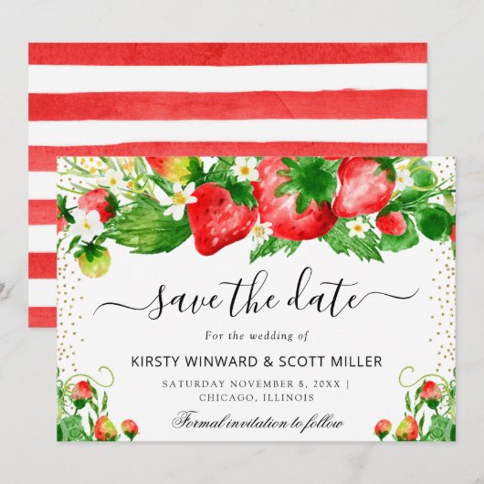 Save The Date Mariage Fraises et Fleurs d'Été (Devant / Derrière)