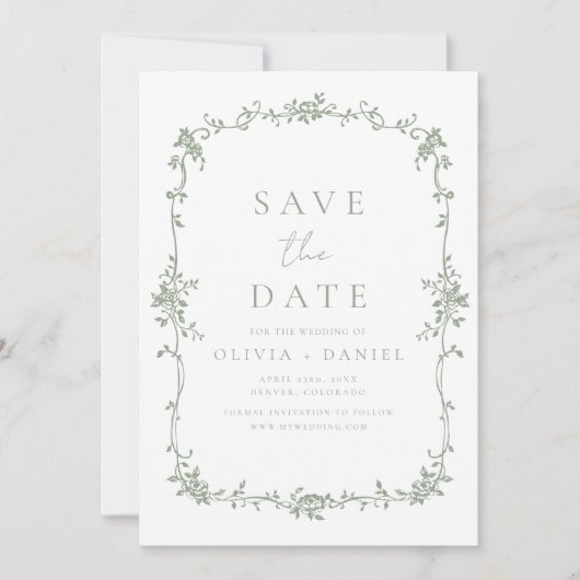 Save The Date Mariage français victorien Floral Sage Vert (Devant)