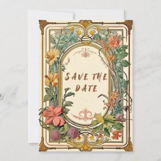 Save The Date Mariage frontalier orné fleur sauvage victorien (Devant)